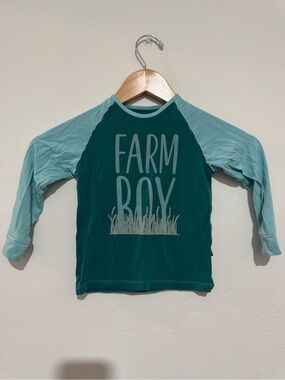 KicKee Pants 4T Long Sleeve Raglan Tee Green Blue Farm Boy Bamboo